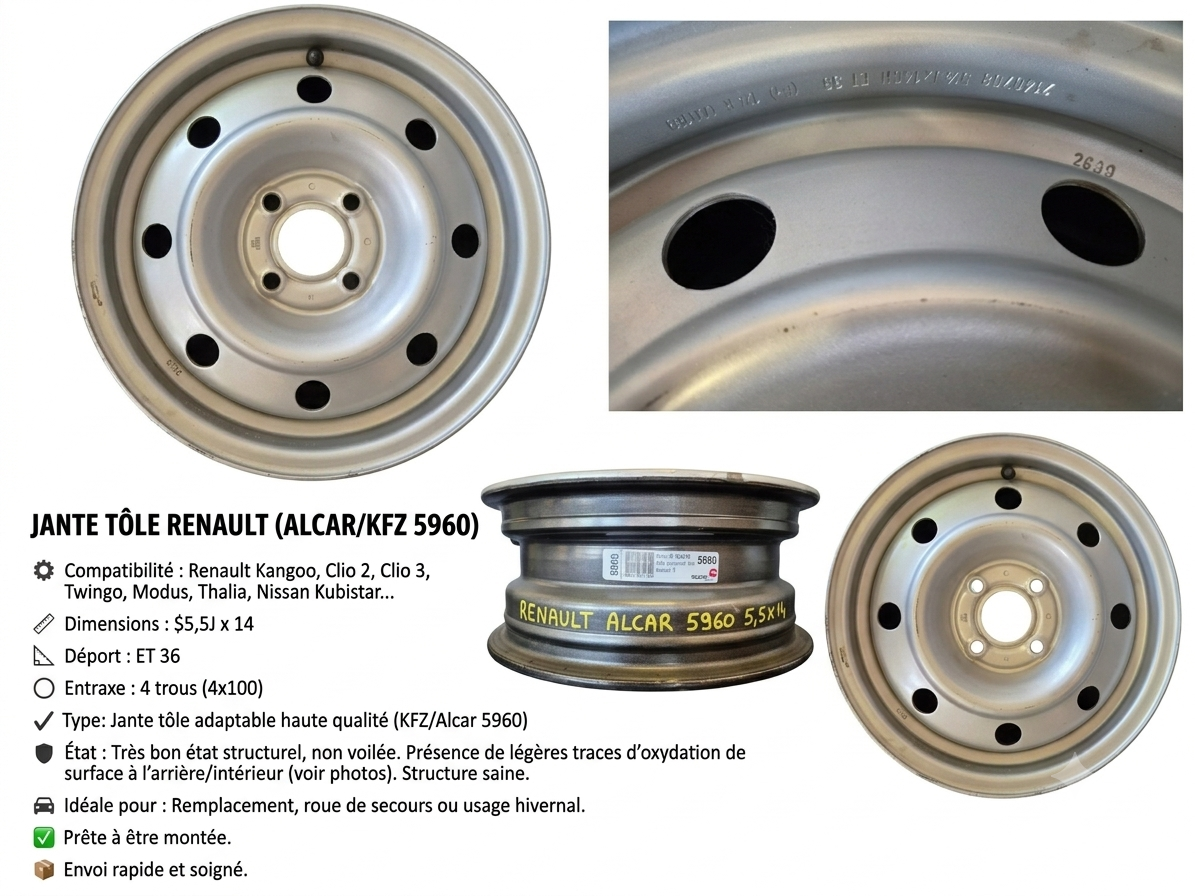 Jante en Tôle 14 Pouces d'Origine / Adaptable Renault
